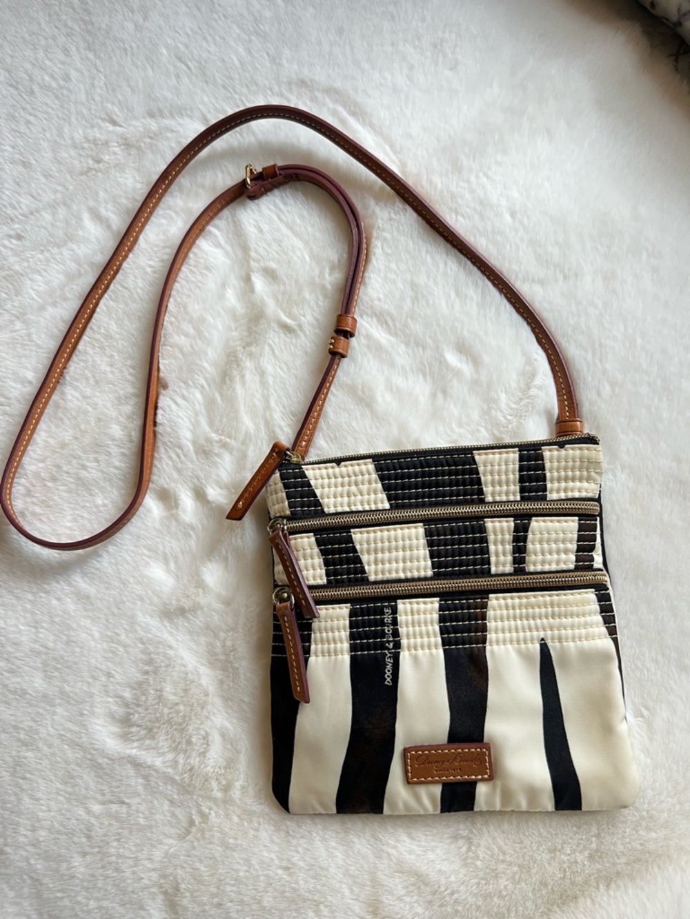 Dooney & Bourke Zebra Print Nylon Crossbody Bag Triple Zip Brown Leather 8x8